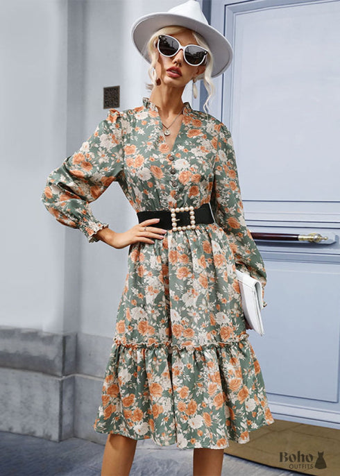Vestido floral de manga larga de otoño 2024